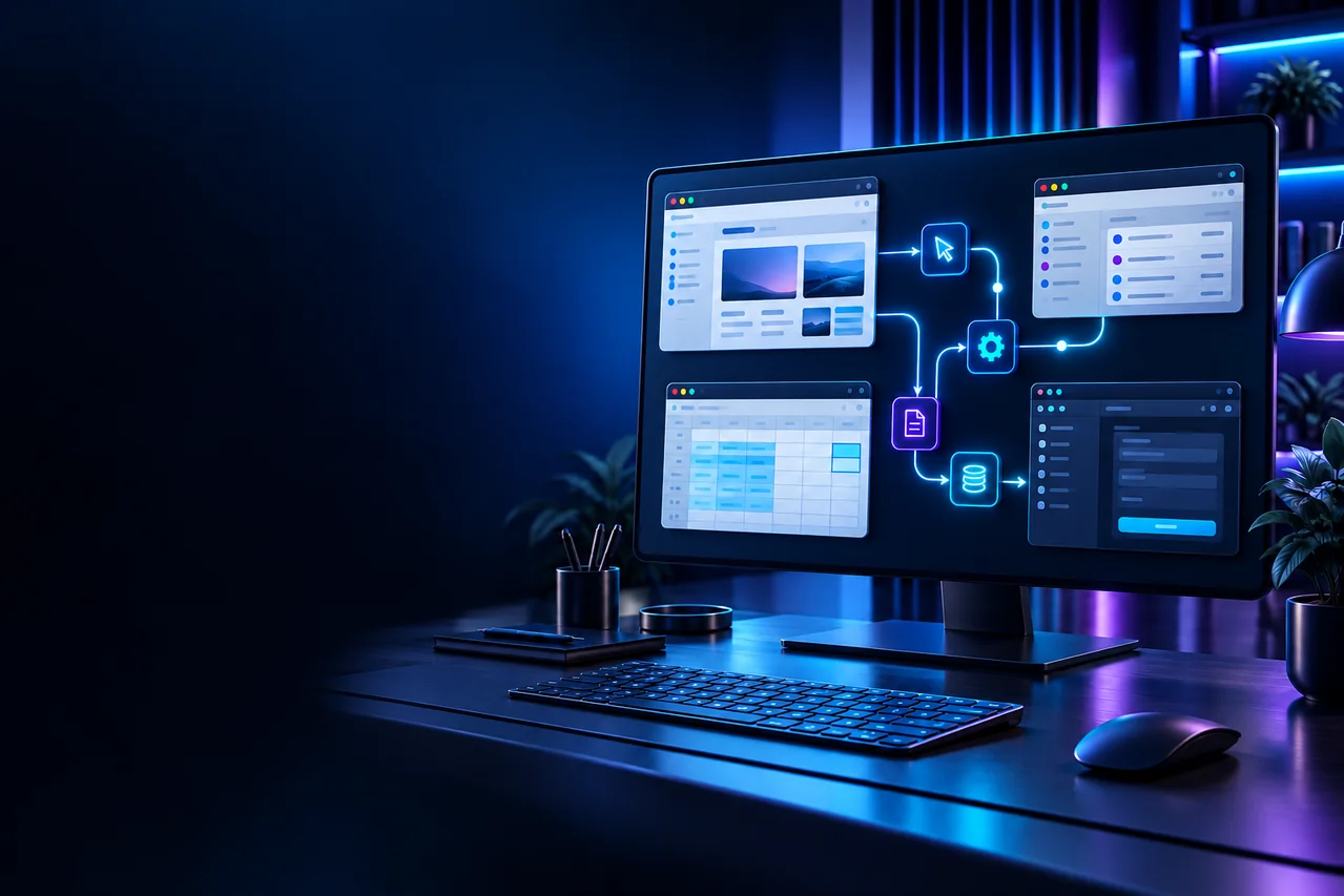 Ilustração de automação de tarefas conectando navegador, planilha e aplicativos de desktop
