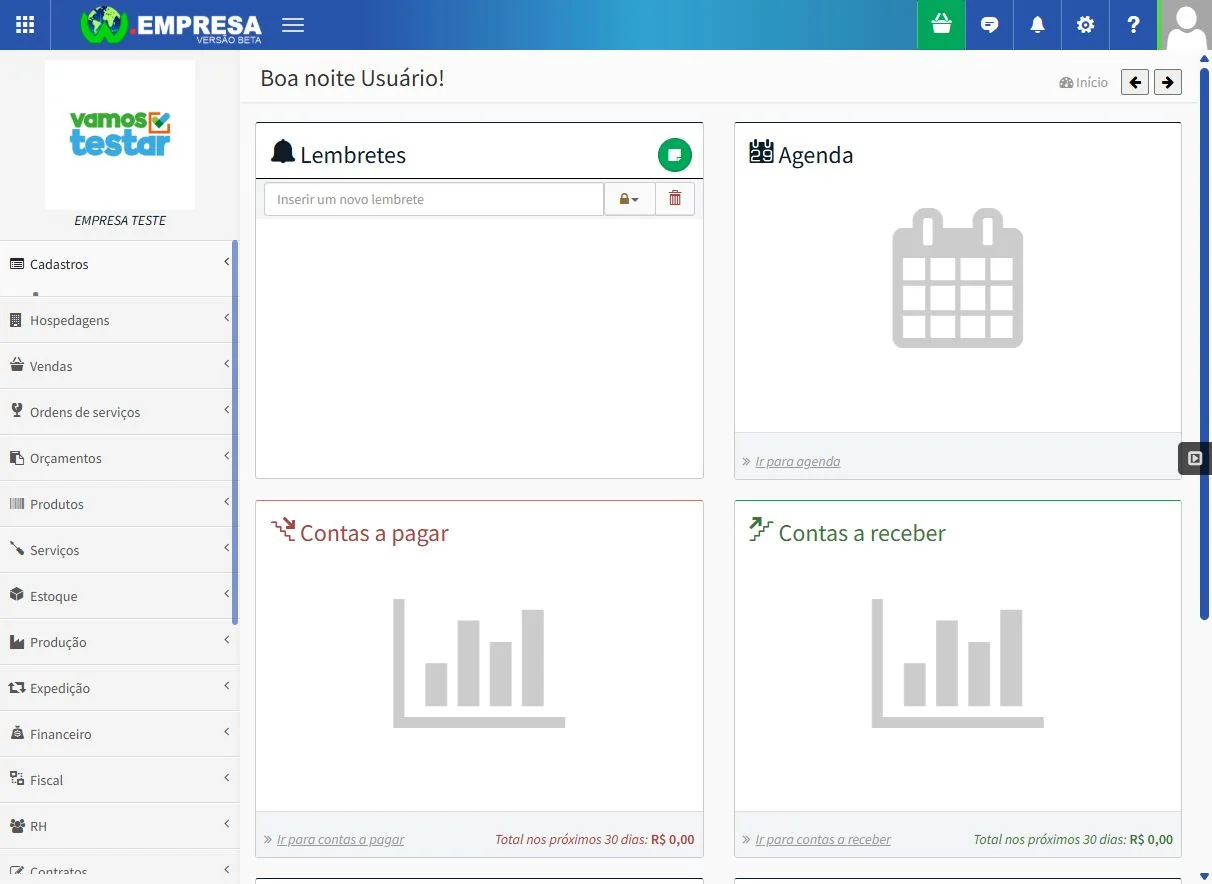 Tela real do ambiente de teste do W.EMPRESA, com menu de módulos e painéis de lembretes, agenda, contas a pagar e contas a receber, sem dados de clientes.