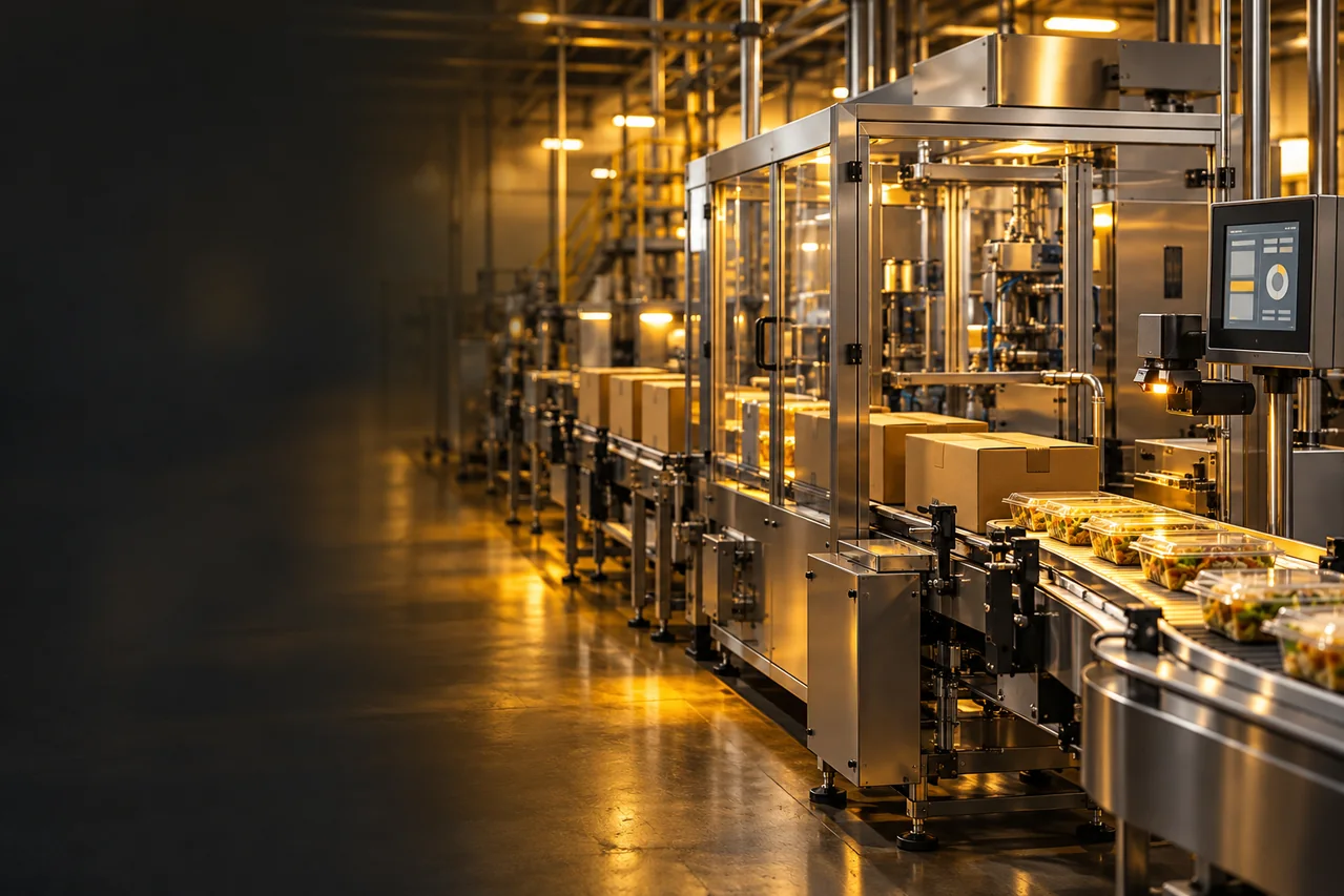 Ilustração de linha de produção industrial com equipamentos de controle de qualidade e rastreabilidade